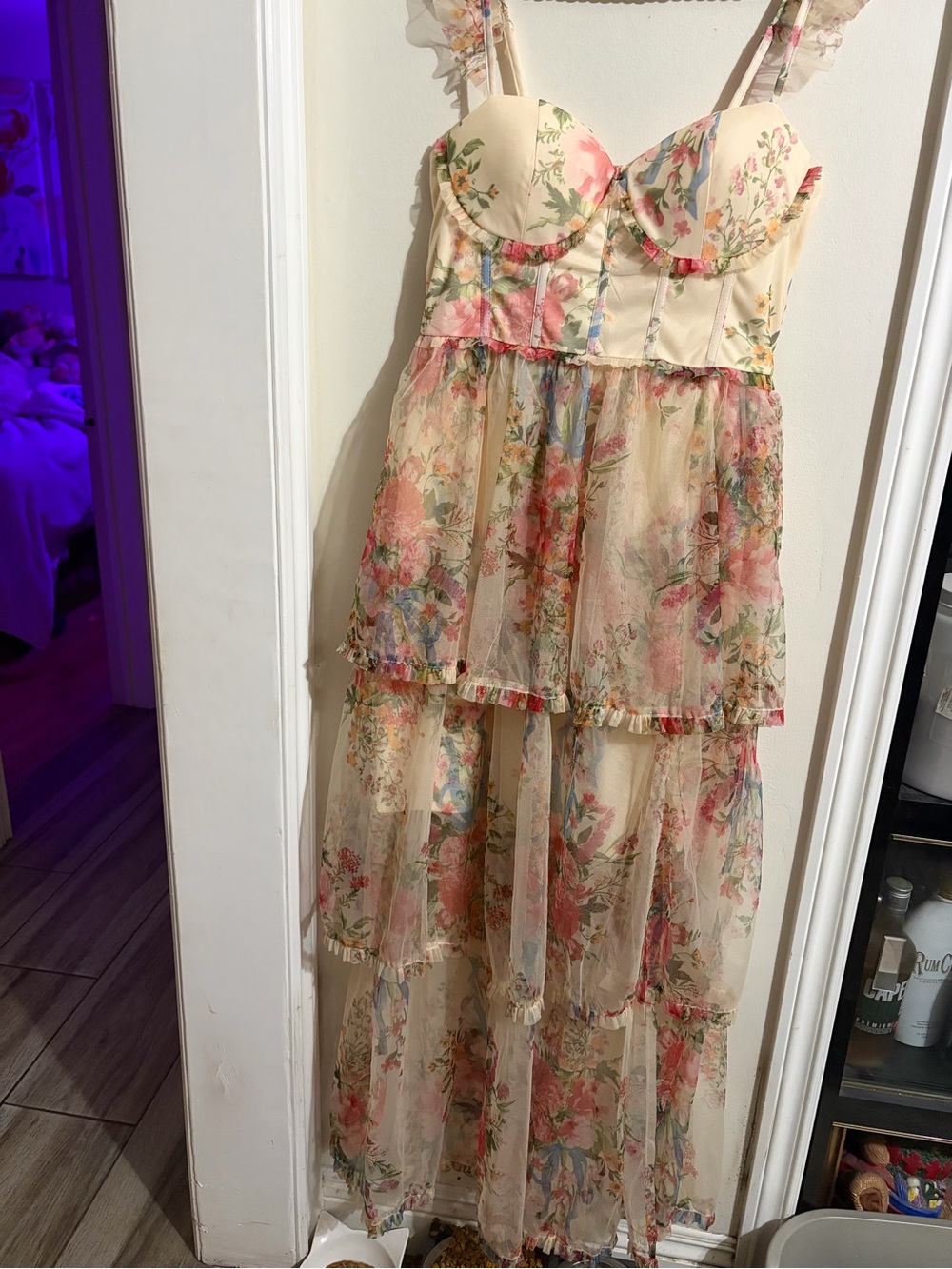 Vici Cream Mesh Tiered Dress with Pink & Green Floral